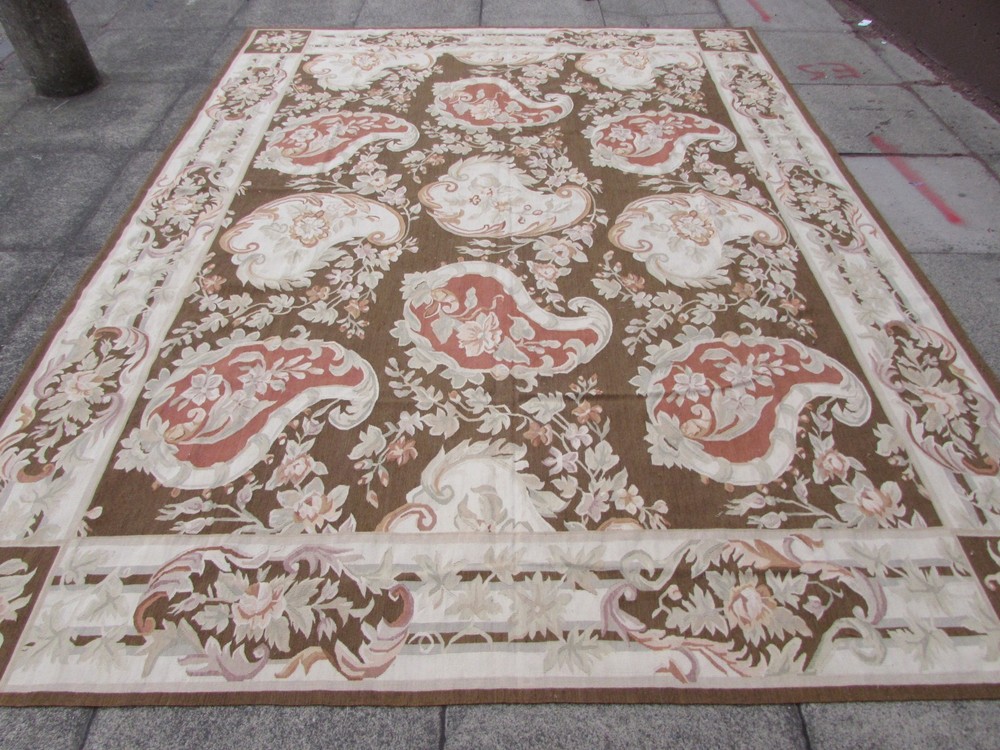 Old Hand Made French Design Wool Brown Original Aubusson 313X242cm 10x8