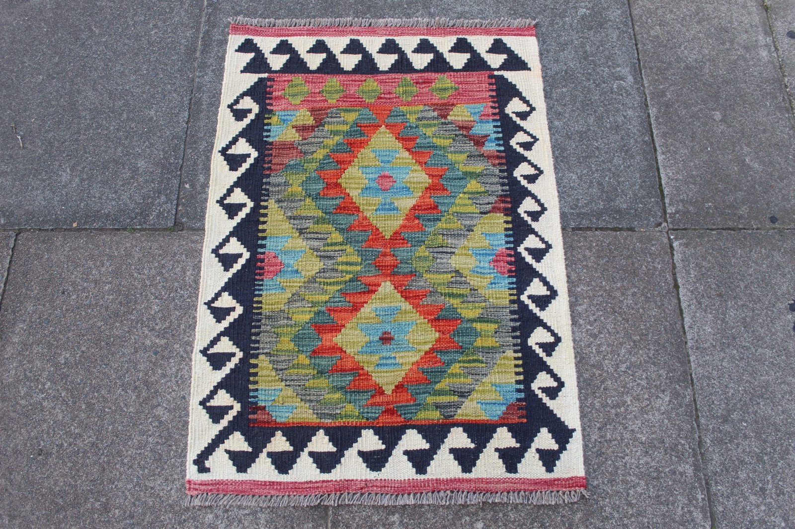 Kilim Vintage Traditional Hand Made Oriental Green Wool Small Kilim 92x65cm gallery