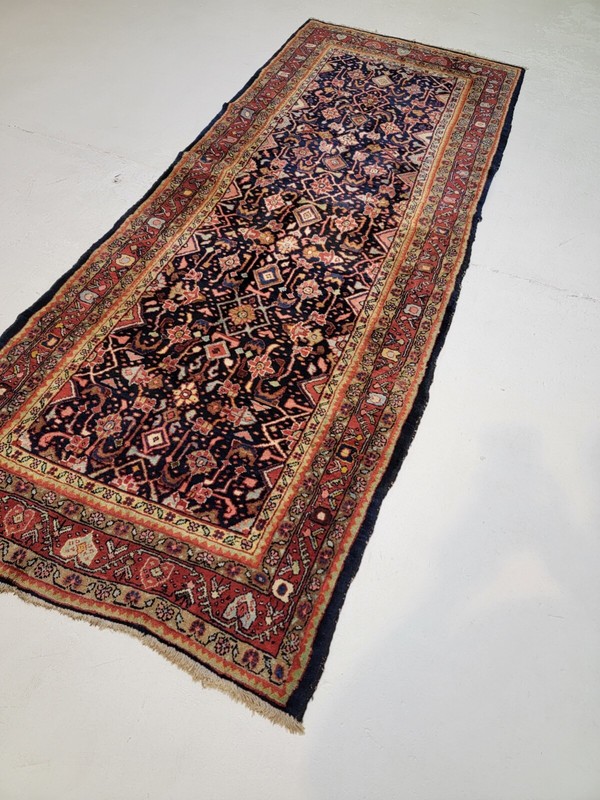 Antique Oriental Hand-Knotted Wool Runner Navy Blue/Red/Green 3'9" x 9'9" gallery