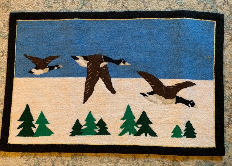 Antique Grenfell Rug 3 Canada Geese in Flight Midnight Sun Large 30" Hand Made gallery