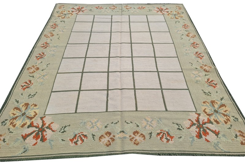 Rare Hand Embroidered Needlework Vintage France Kilm Wool Area Rug 7.5 x 6.1 Ft gallery