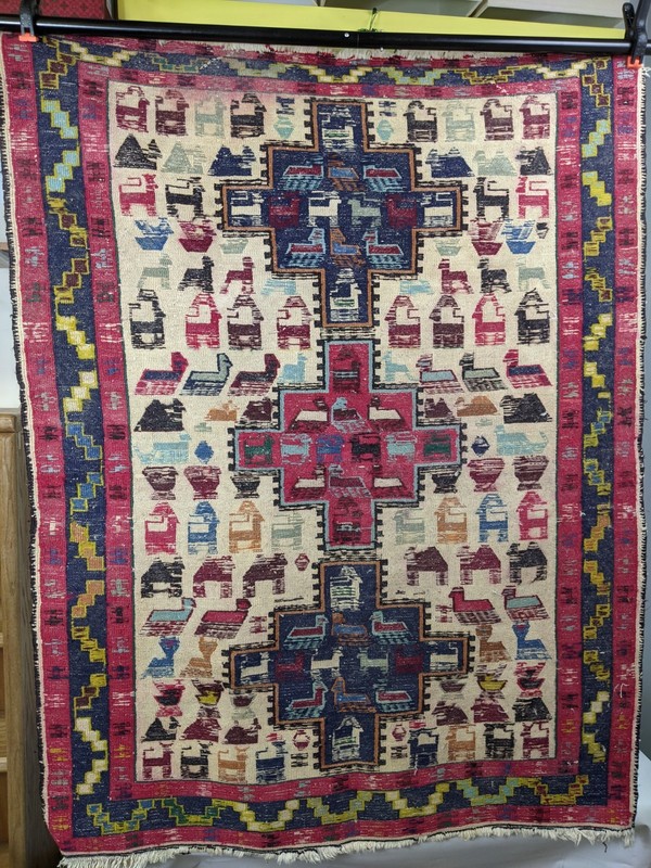 Vintage Handmade Wool Rug Turkish Braided Kilim /Soumak Design 43" x 54" Animals gallery