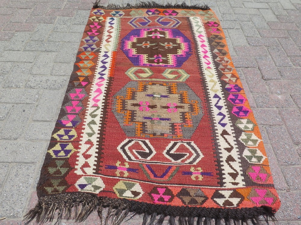 Vintage Turkish Brown Orange Geometric Accent Rug Kelim Carpet 56"X34"