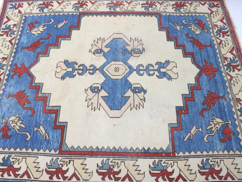 Vintage Hand Knotted Area Rug Blue Red Beige Tribal Medallion 5x6 ft gallery