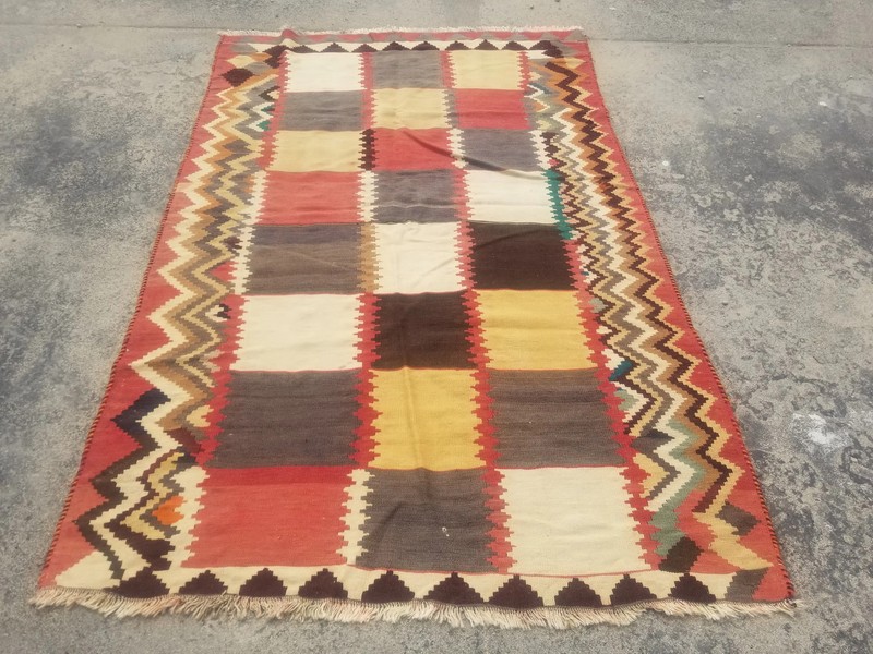 Distressed Vintage Hand Made Scandinavian Wool Multicolor Kilim 223x141cm gallery