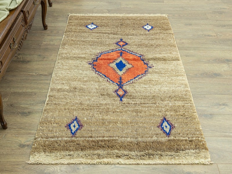 Vintage Anatolian Tulu Rug Handwoven Wool Mohair Shag Taupe Coral 3'4" x 5'9" ft gallery