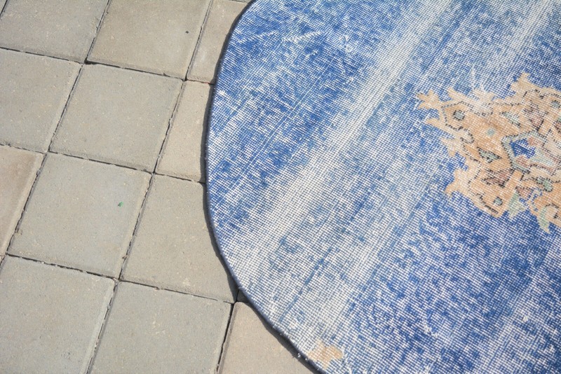 Blue Faded Turkish Vintage Round Rug, 3.6ft, Handmade Antique Floral Round Rug, gallery