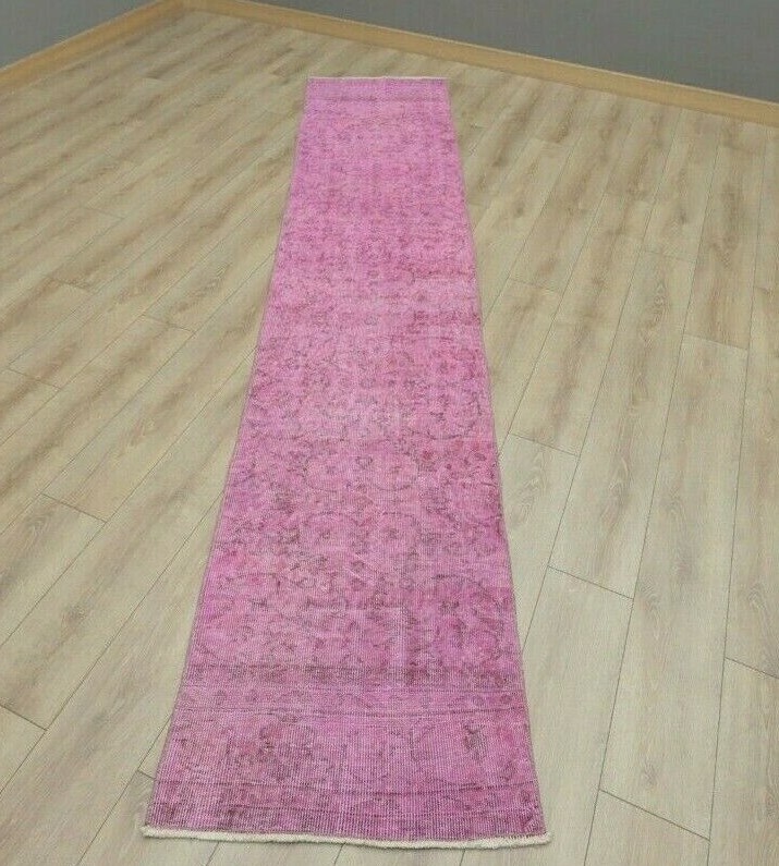 Sparta Pink Wool Runner Rug Anatolian Ethnic Handwoven Overdyed Carpet 2x10 ft gallery