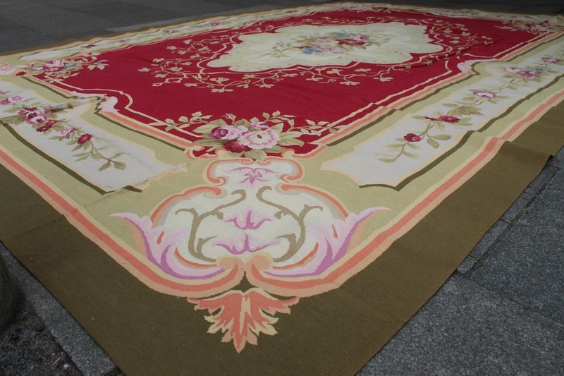 Vintage Hand Made French Design Wool Red Green Original Large Aubusson 415X303cm gallery