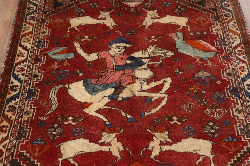 Hunting Design Handmade Traditional Rug 4x5 Ft Red Pictorial Oriental Wool Rug gallery