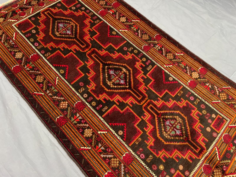 3'7x6'6 ft Vintage Afghan Baluchi Hand-Knotted Bold Geometric Red & Brown Rug gallery