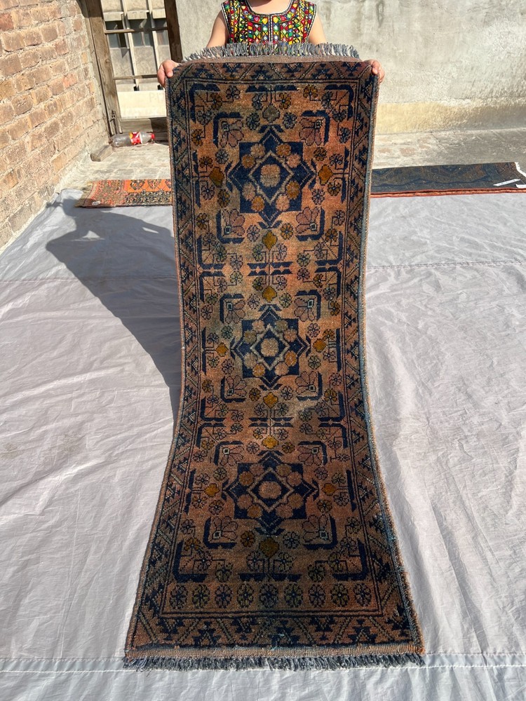 Faded Hand Knotted Afghan Runner Rug 2x5 ft Geometric Turkmen Terracotta Carpet