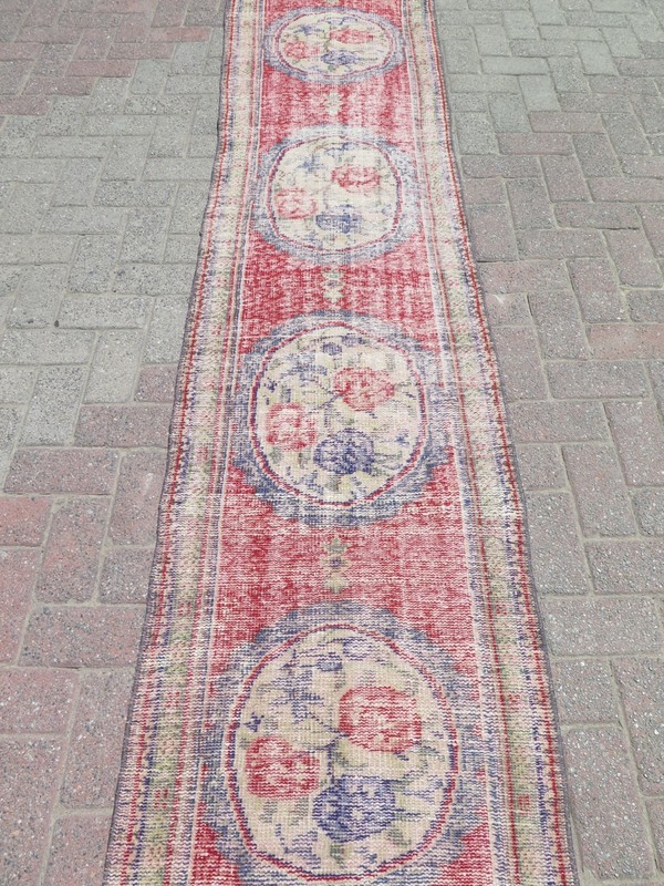 Long Floral Vintage Carpet Runner, Handwoven Distressed Multicolor Rug 26"x109" gallery