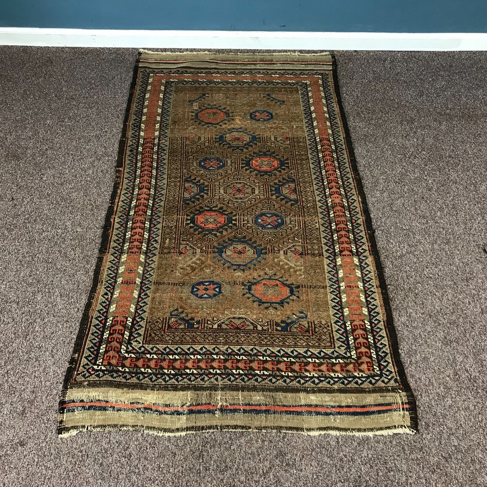 Authentic Antique Worn Afghan Carpet 36" x 69"