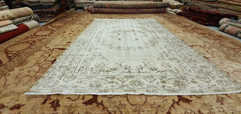 Rare Antique 1930-1939s Wool Pile Sage Green Dye Distressed Oushak Rug 6x8ft gallery