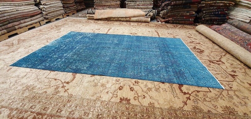 Vintage 1950-1960' Overdyed Teal Blue Wool Pile Oushak Area Rug 4'9" x 8'8" gallery