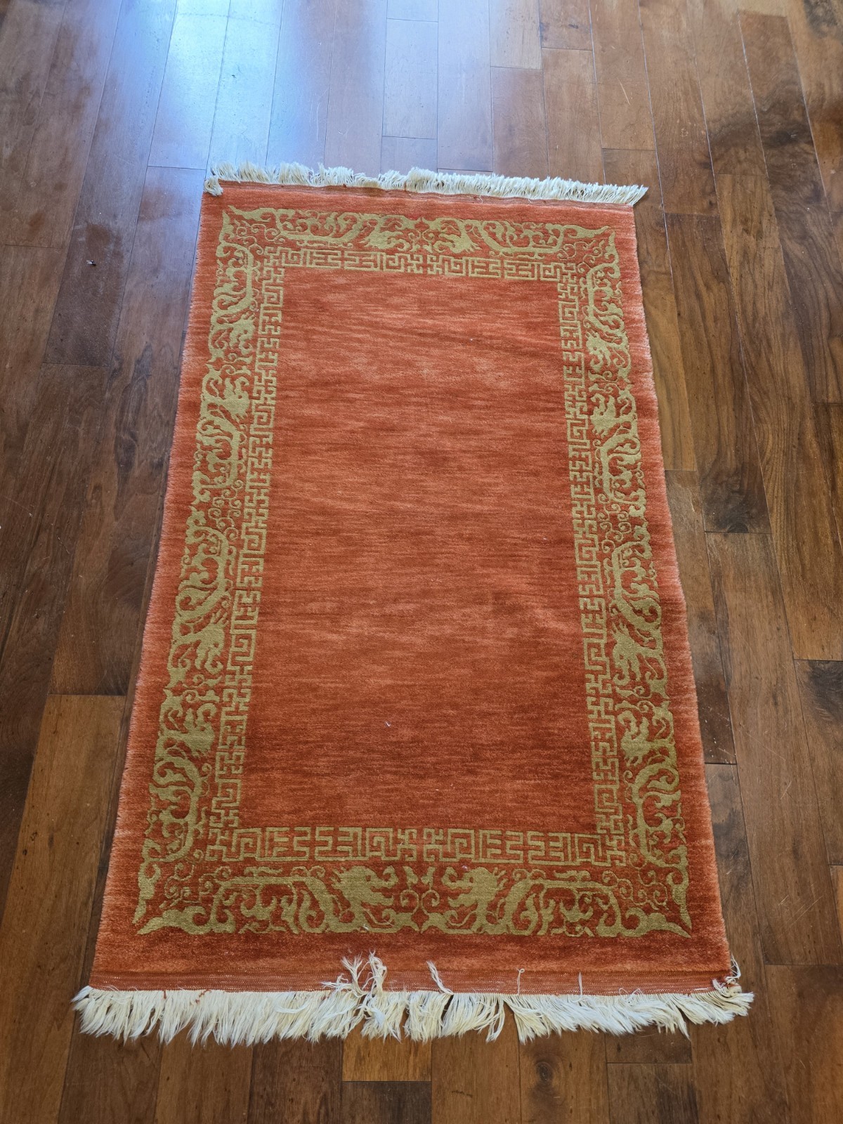 Vintage Chinese Terracotta Orange Dragon Rug Hand Knotted Wool Border Art Deco gallery