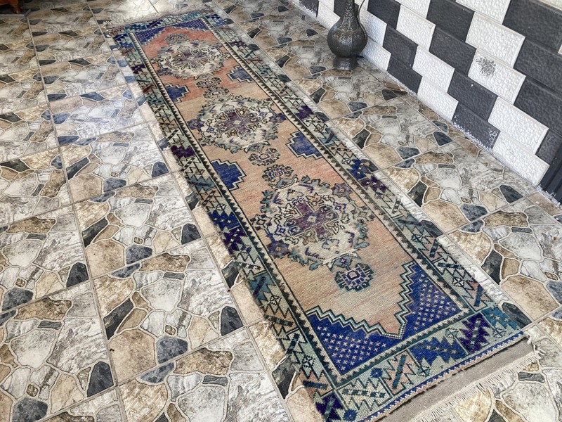 1970s Vintage Turkish Runner Rug | 2.5 x 10.3 ft Hand-Knotted Wool Geometric Rug gallery