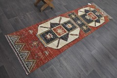 Vintage Turkish Runner Rug 2x7ft Wool Anatolian Handmade Hallway Oushak RED