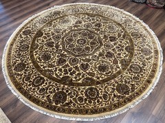 Round Indian Oriental Rug 8×8 ft Large Handmade Vintage Wool Carpet Cream Green