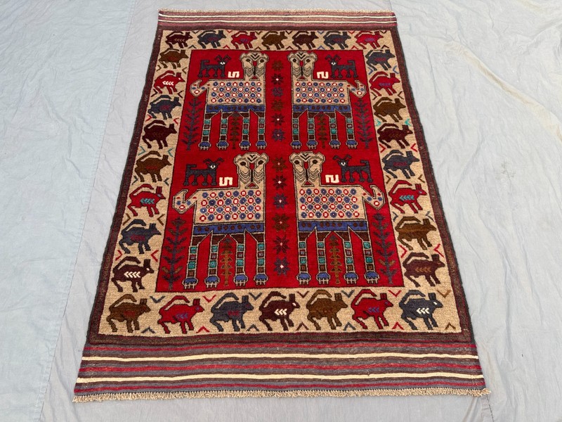 Vintage Afghan Hand Knotted Pictorial Rug 4'5x6'5 Wool Animal Tribal Wall Rug gallery