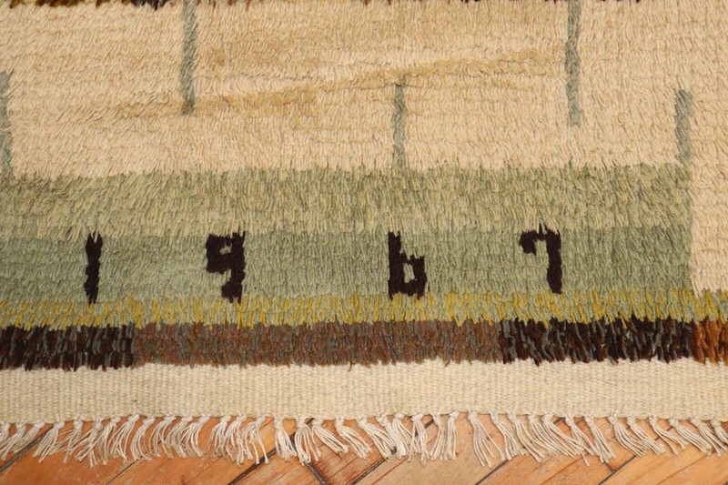Vintage Pictoral Swedish Rya Pile Dated 1967 Dowry Rug Size 2'6''x4'2'' gallery