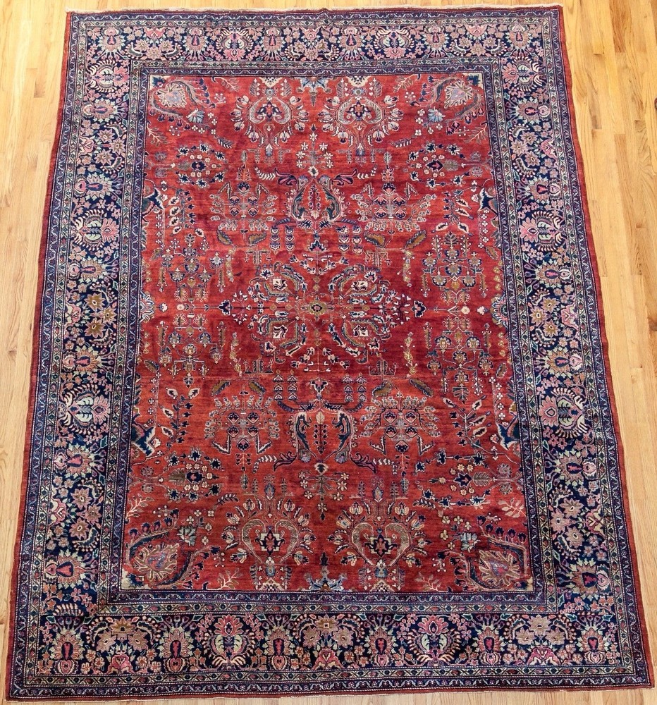 Antique Saroukk Hand-Knotted Wool 9' x 12' Red Oriental Rug Exceptional