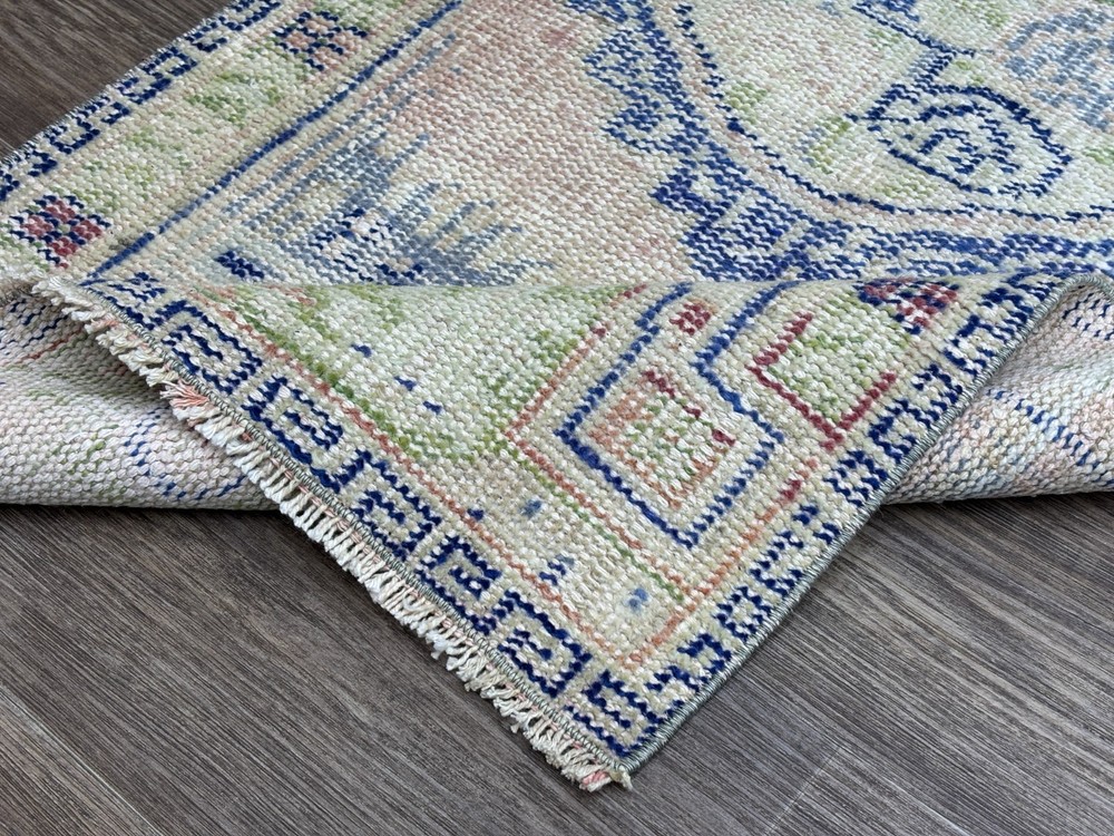 2x4 Pink Navy Blue Green Vintage Turkish Rug, Hand-Knotted Wool Small Oushak Rug