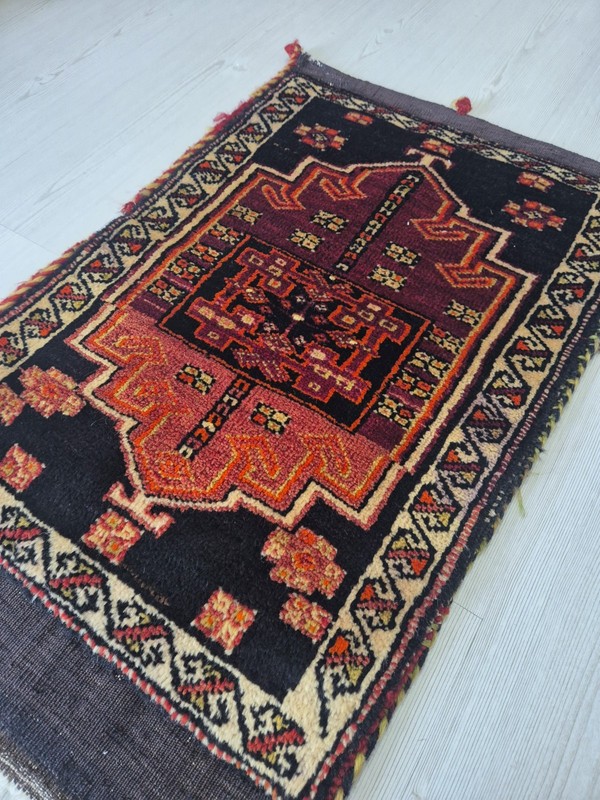 Antique Handwoven Wool Collectible Rug Pillow, Anatolian Kurdish Small Carpet gallery