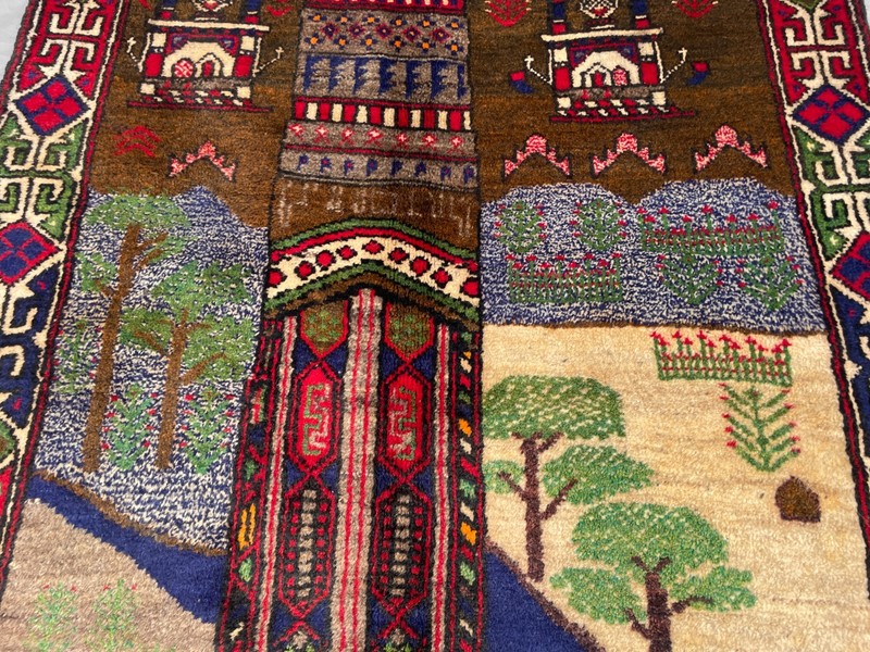 2'11x4'9 ft Vintage Afghan Pictorial HandKnotted Wool Minaret Landscape Area Rug gallery