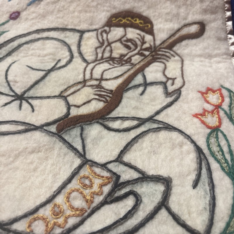 Vtg Persian Wool Rug Wall Hanging Hand Embroidered Tapestry Man Playing Lute gallery