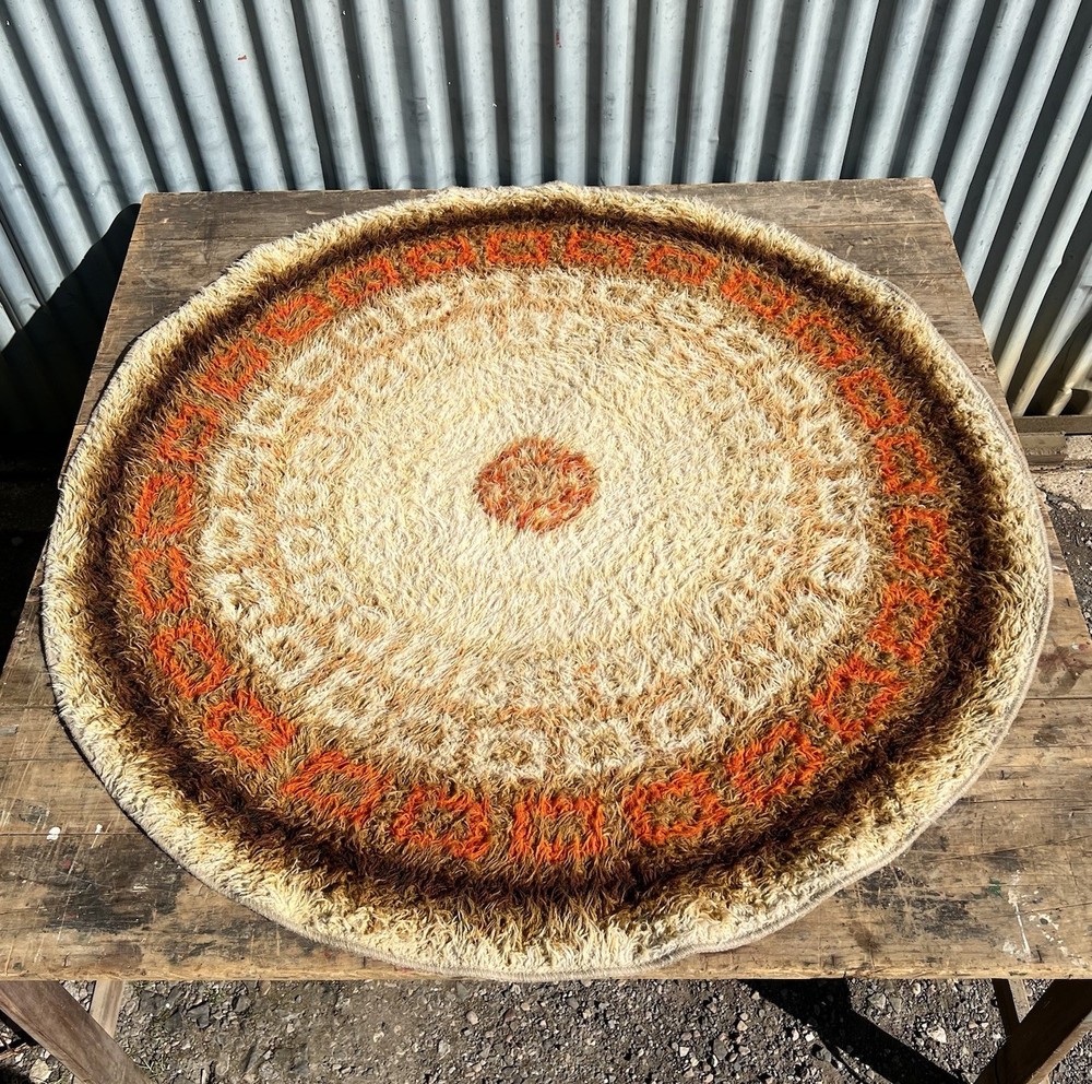 Vintage Rya Round Rug Mid Century 60s 70s Scandi Shag Pile