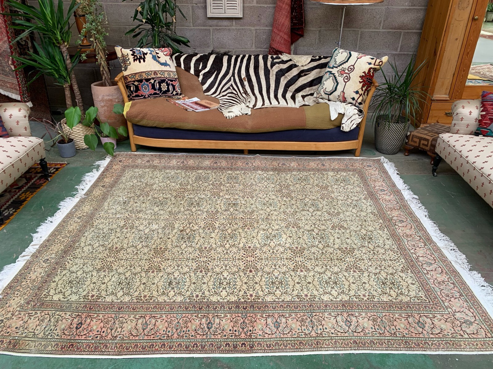 Vintage Square Turkish Rug 245x200 cm, Tribal Wool Carpet Large gallery