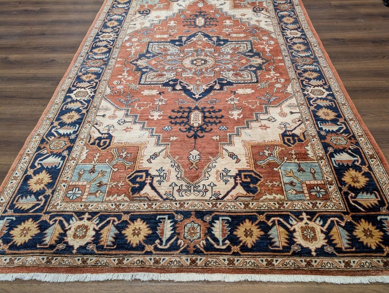 Turkish Heriz Serapi Rug 6x9, Geometric Medallion, Terracotta and Navy Blue gallery
