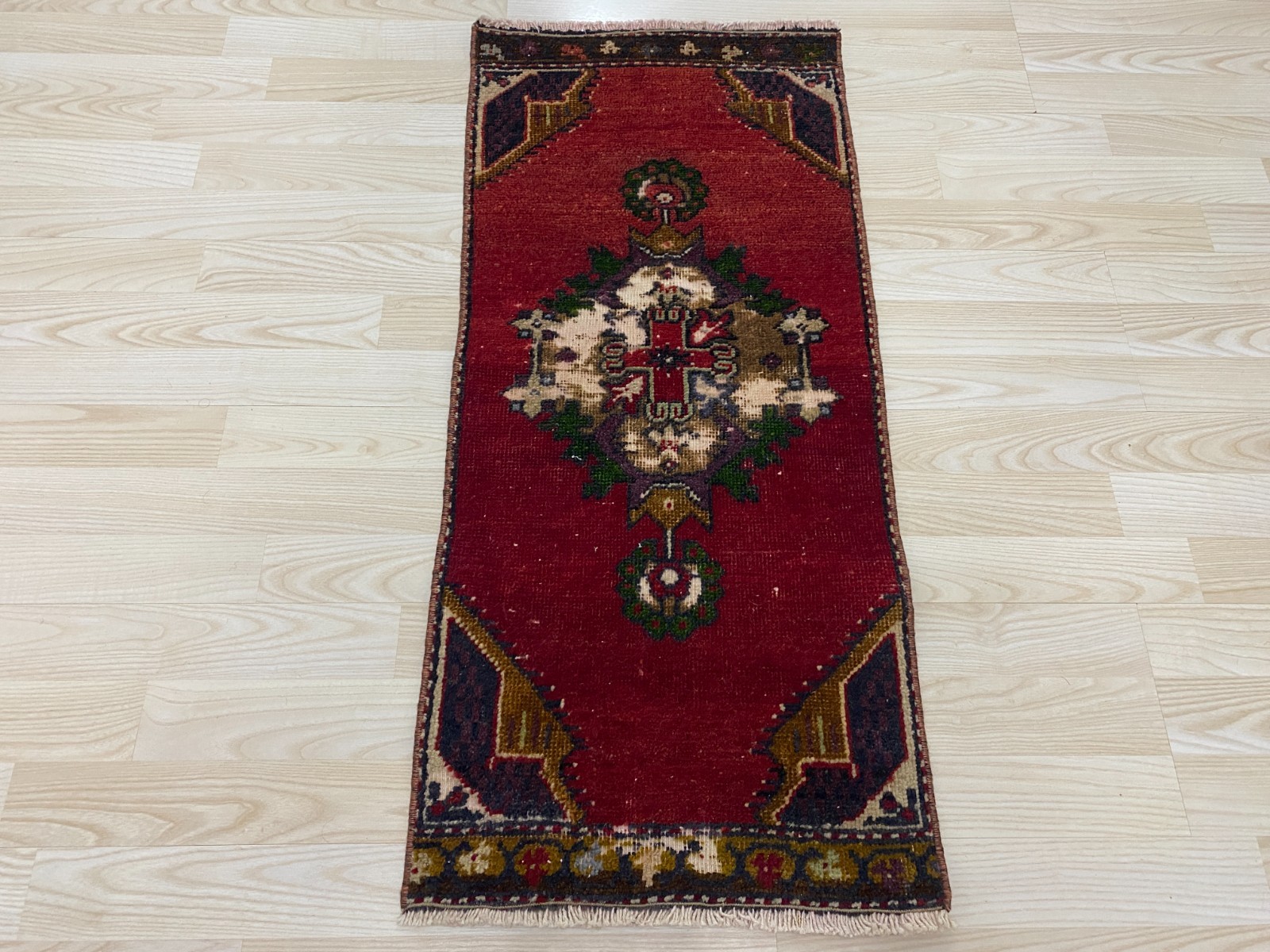 Antique Turkish Rug 1.4x3.1 ft Vintage Deep Red Tribal Small Runner Boho Mat gallery
