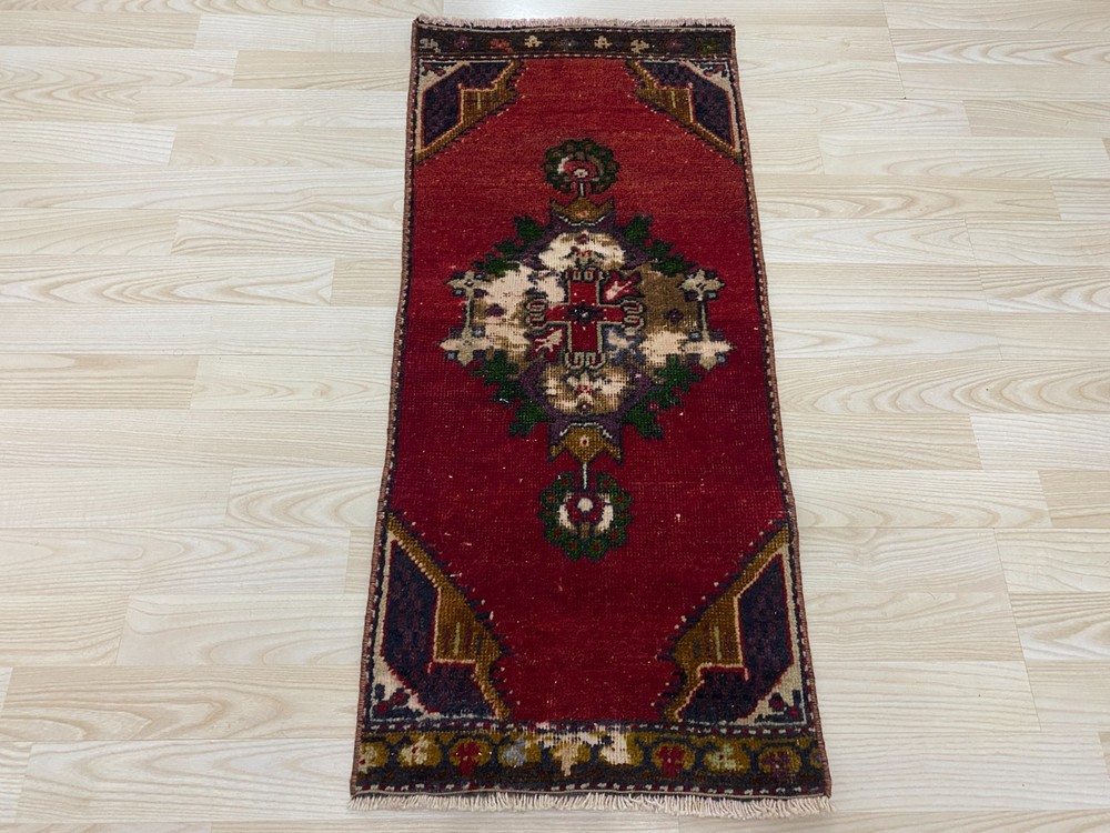 Antique Turkish Rug 1.4x3.1 ft Vintage Deep Red Tribal Small Runner Boho Mat