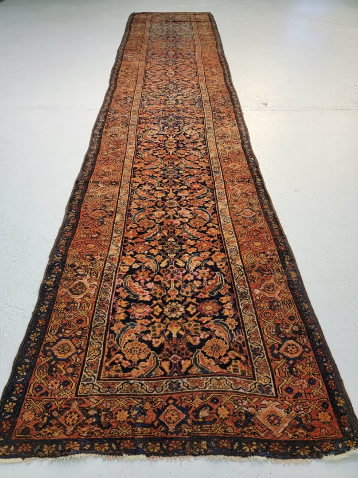 Antique Oriental Hand-Knotted Wool Runner Malayer Rust/Navy Blue/Ivory 3'2" x 15 gallery
