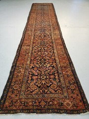 Antique Oriental Hand-Knotted Wool Runner Malayer Rust/Navy Blue/Ivory 3’2″ x 15