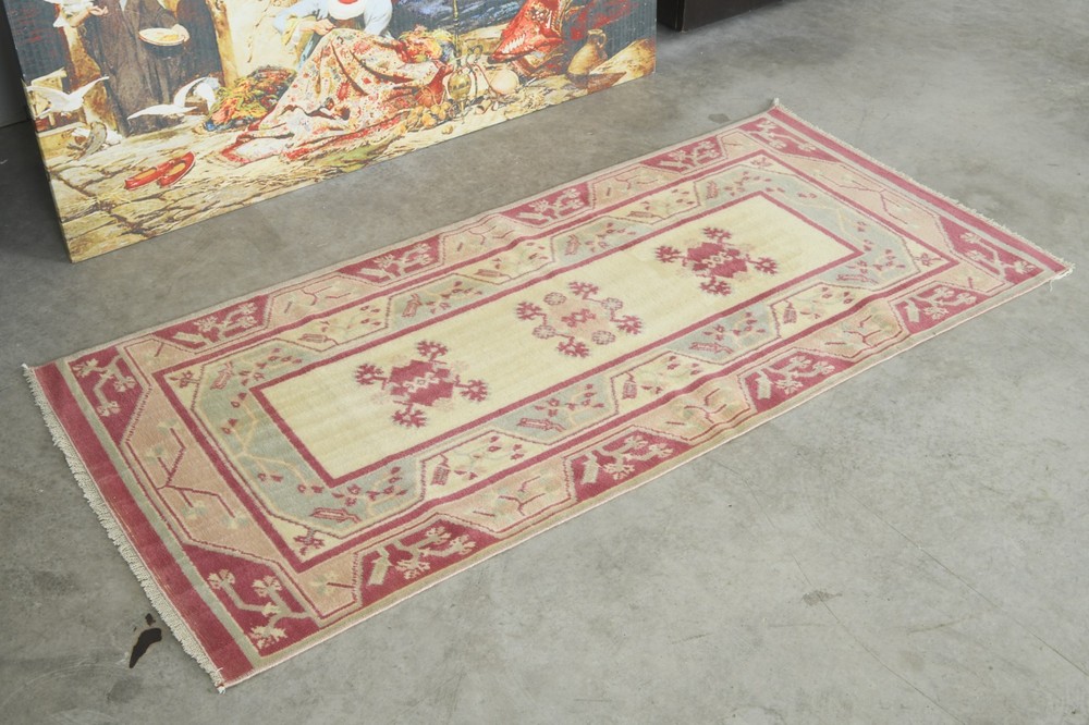 2x5 Turkish Area Rug Hand-Knotted Vintage Neutral Wool Rug Oushak Carpet,836
