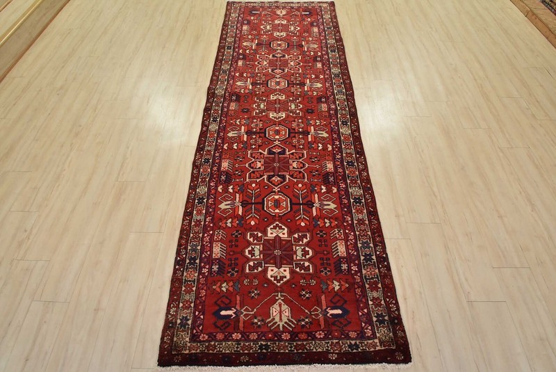 Vintage Tribal Runner 3’7” x 10’3” Red Wool Hand-Knotted Oriental Rug gallery