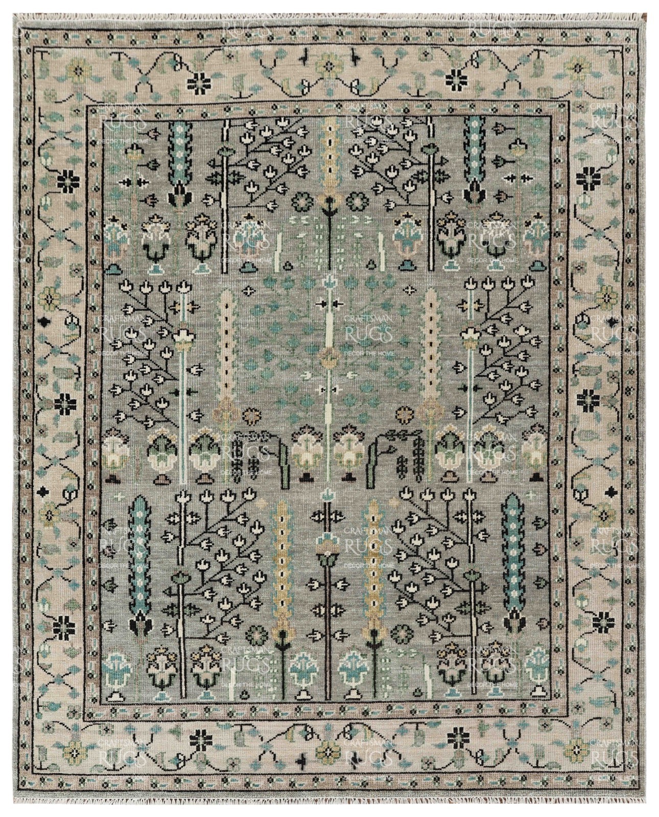 Symmetry Bloom Olive Area Rug-Light Gray Background with Animal Motifs 8x10 ft gallery