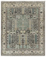 Symmetry Bloom Olive Area Rug-Light Gray Background with Animal Motifs 8×10 ft