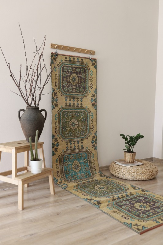 2x9 ft Vintage Turkish Runner Rug Hand Knotted Muted Brown Oushak Runner gallery