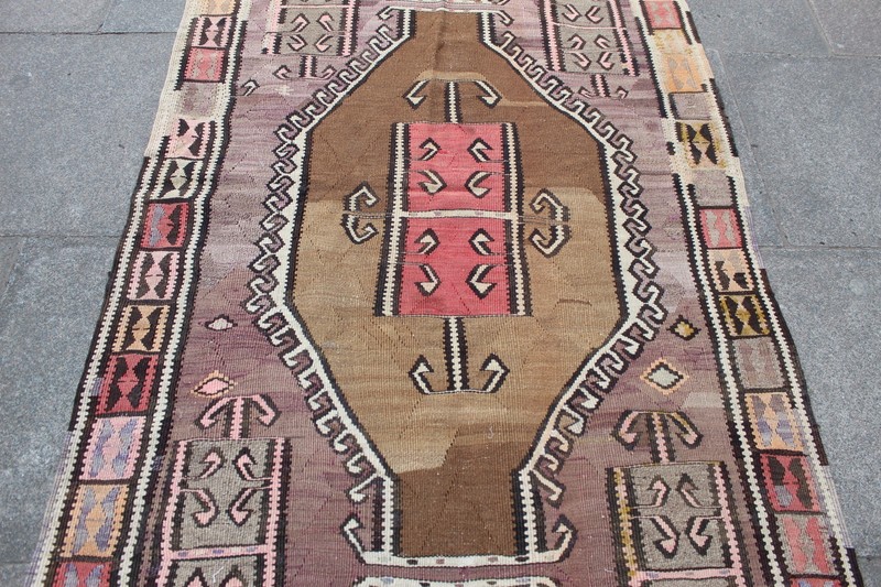Vintage Traditional Hand Made Oriental Wool Purple Pink Long Kilim 398x117cm gallery