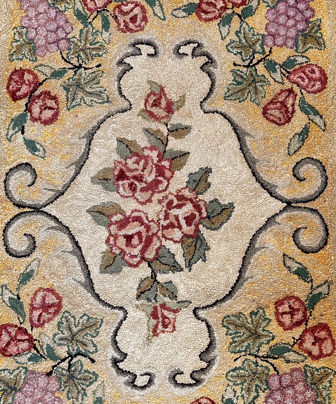 Antique Hooked Rug Grape Clusters Roses. 39x57 gallery