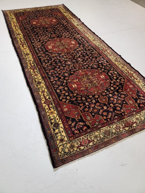 Antique Oriental Hand-Knotted Wool Runner Navy Blue/Red/Ivory/Green 5' x 11'3" gallery