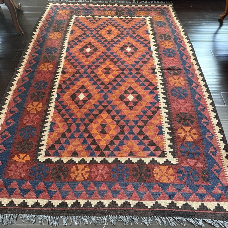 Vintage Handwoven Wool Kilim Rug – Bold Tribal Geometric Design 66” x 100” gallery