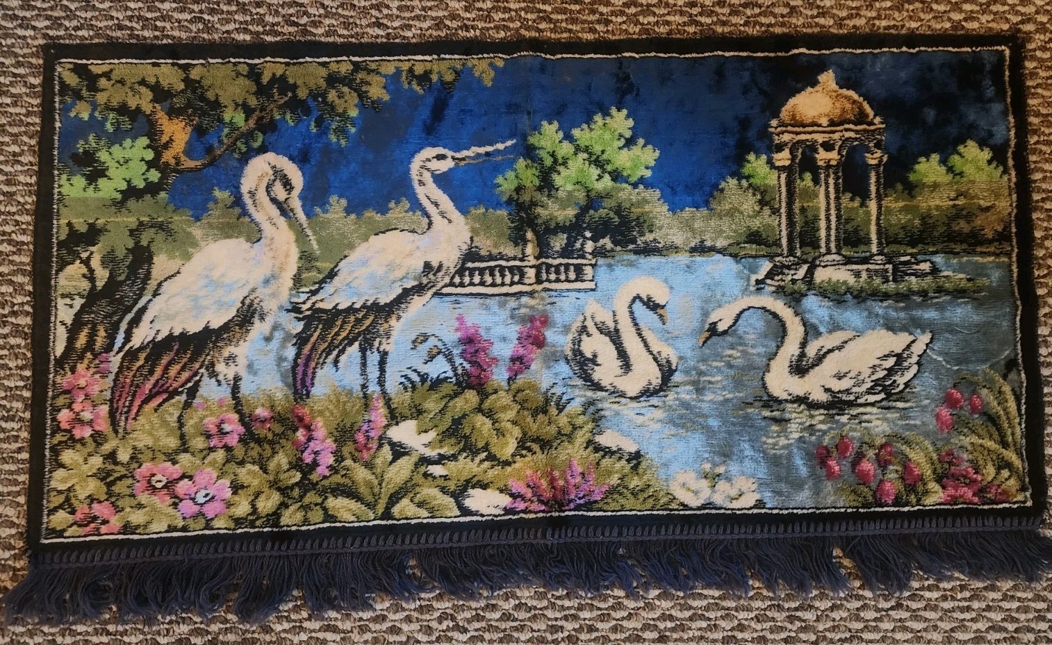 Vintage Tapestry Velvet Rug with Swans and Cranes 37"×21" gallery