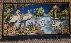 Vintage Tapestry Velvet Rug with Swans and Cranes 37″×21″