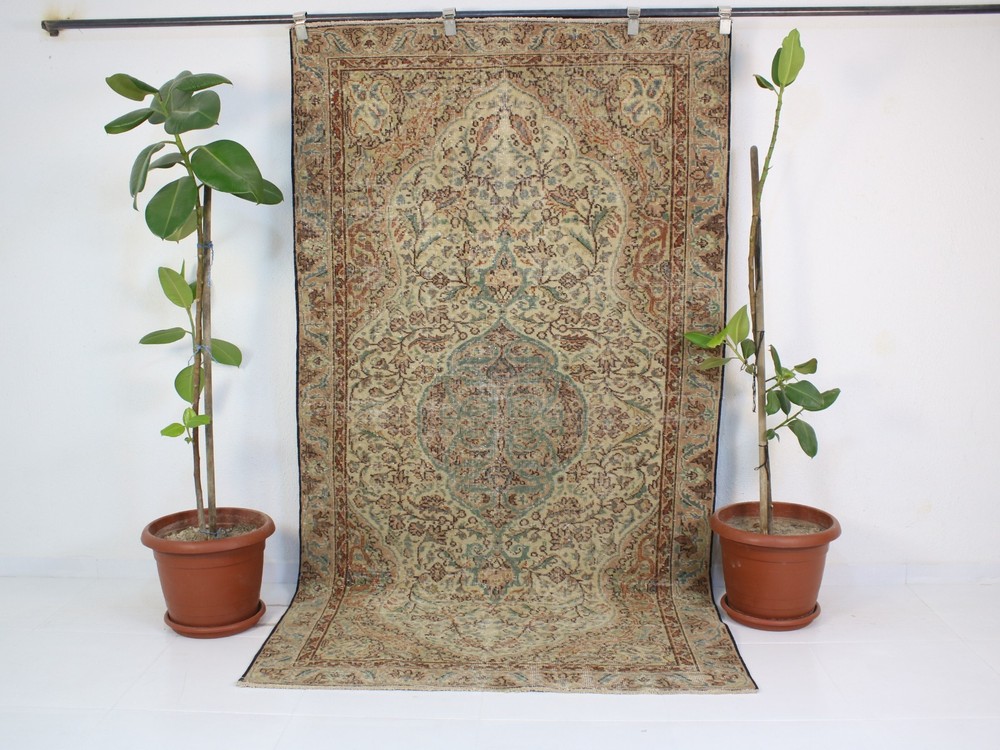 Vintage Turkish Rug 4.3x7.9 ft – Hand Knotted Wool Carpet, Beige Rust & Blue